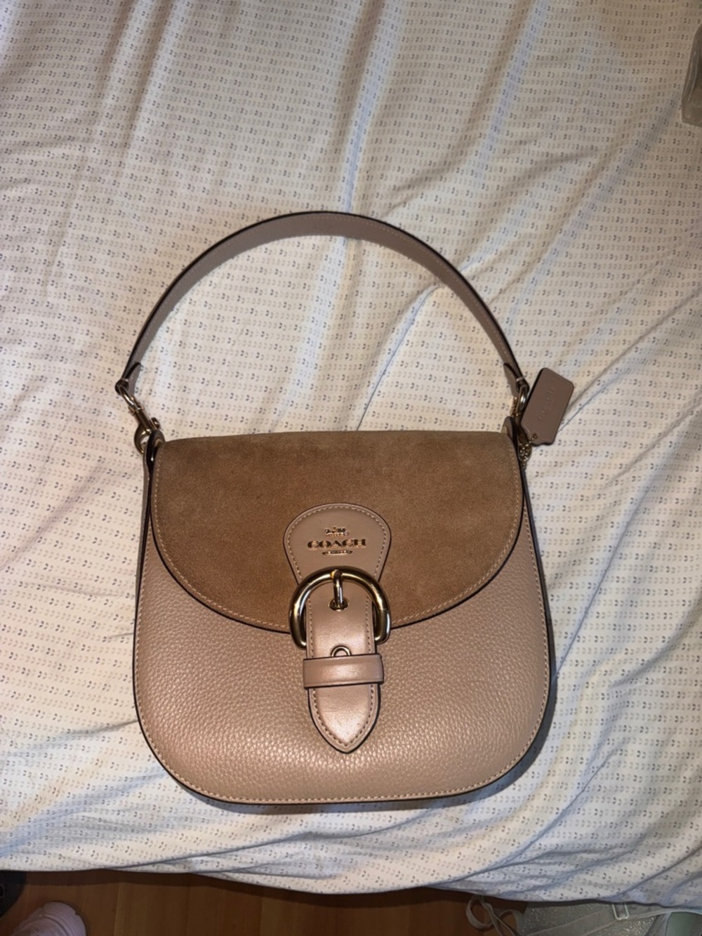 Coach Two-Tone Pebble Leather & Suede Saddle Bag in Taupe and Brown